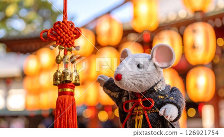 A close-up of a stuffed mouse standing with a shrine bell on its back 126921754
