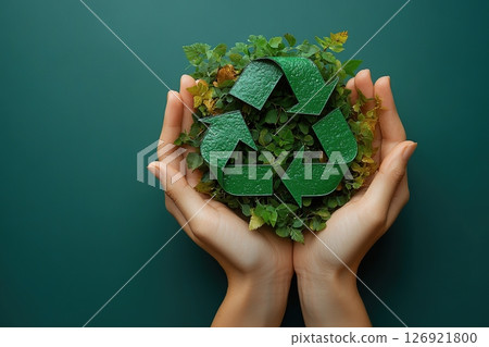 Ecology recycle icon with green leaves in human hands Ecology recycle icon with green leaves in human hands 126921800