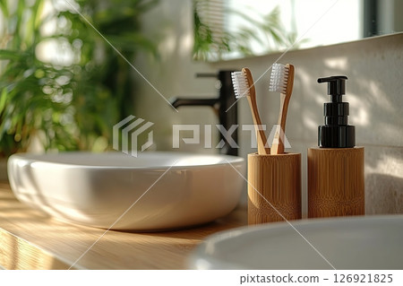 Dental toothbrushes in holder standing on table in modern bathroom 126921825