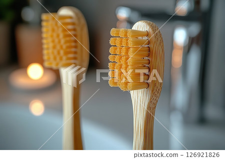 Bamboo toothbrushes on blurred bathroom background 126921826