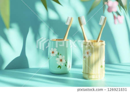 Bamboo toothbrushes in holder on pastel green background 126921831
