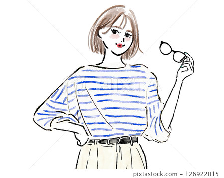 A woman with a bob haircut and borders who is taking off her glasses 126922015
