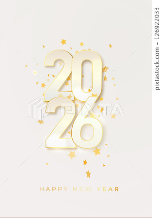 2026 gold metal number for New Year . Festive Christmas banner with falling confetti on bright background. Realistic Golden 3d number. Vector 126922033