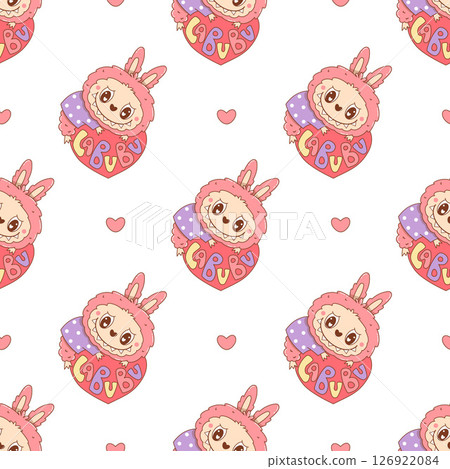 Seamless pattern with Cute Monster Toy Labubu with Heart on white background. Romantic Cartoon Funny kawaii fantasy valentine character. Vector illustration 126922084