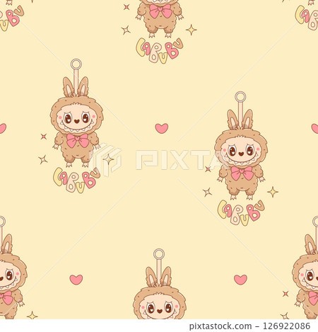 Seamless pattern with Cute Monster keychain Toy Labubu with bow on yellow background with Heart. Cartoon Funny plush toothy kawaii fantasy character. Vector illustration 126922086