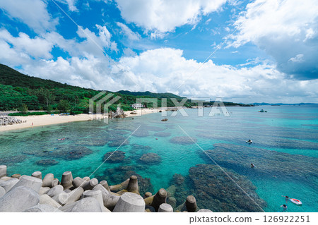 鮮綠色海和白色沙子海灘 126922251