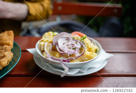 Traditional potato salad with red onions served in bowl on wooden table outdoors Traditional potato salad with red onions served in bowl on wooden table outdoors 126922582
