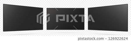 Realistic TV screen. TV screen mockup. Television display on three sides with blank screen 126922624