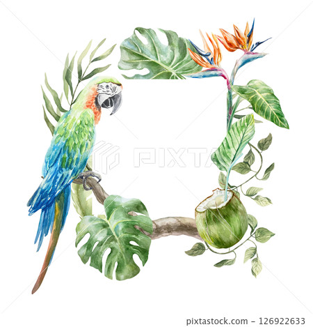 Tropical frame with monstera, palm, banana leaves, strelitzia flowers and blue parrot. Hand drawn watercolor illustration isolated. For postcards, invitations, summer banners, covers, labels. 126922633