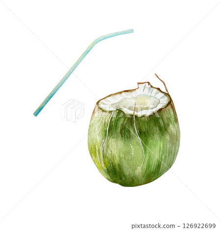 Coconut drink in green fruit with straw. Hand drawn watercolor illustration isolated on white. For postcards, invitations, tropical summer banners, menu, labels. Coconut drink in green fruit with straw. Hand drawn watercolor illustration isolated on white. For postcards, invitations, tropical summer banners, menu, labels. 126922699