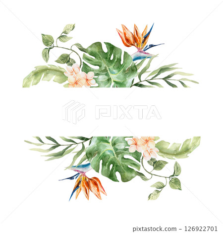 Tropical leaves frame with space for text. Plants strelitzia, monstera, palm, plumeria. Hand drawn watercolor illustration isolated. Postcards, invitations, summer banners, covers, labels. Tropical leaves frame with space for text. Plants strelitzia, monstera, palm, plumeria. Hand drawn watercolor illustration isolated. Postcards, invitations, summer banners, covers, labels. 126922701