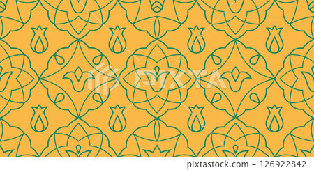 Oriental line floral motif yellow seamless pattern. Retro ethnic floral vector background. 126922842