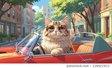 一隻戴著墨鏡的貓坐在敞篷車裡的插圖 一隻戴著墨鏡的貓坐在敞篷車裡的插圖 126922913
