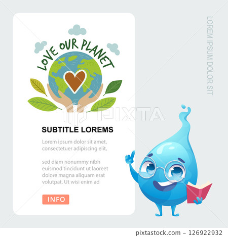 Ecology banner. save the worlds concept banner with cartoon water drop character and place for text 126922932