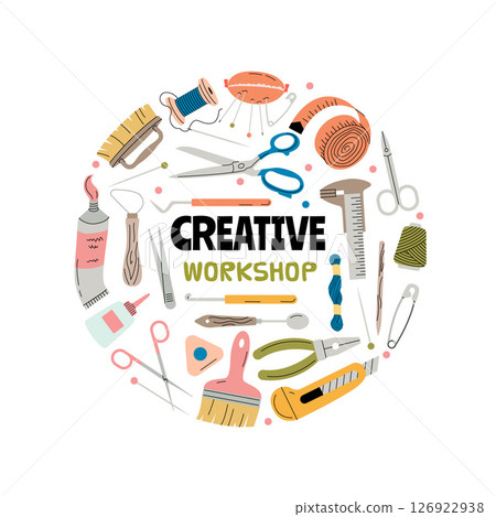 Creative workshop. circle shape background template with different tools for handmade designers 126922938