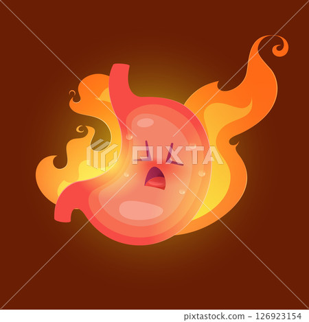 A cartoon stomach character with a fire character on it is used to show the symptom of acid reflux. 126923154