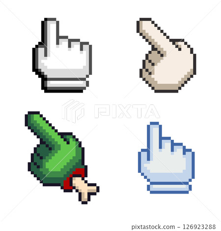 Pixel art set of hand cursors in different styles. Retro pointer icons including zombie, classic, cartoon and digital versions. Isolated on white background. Pixel art set of hand cursors in different styles. Retro pointer icons including zombie, classic, cartoon and digital versions. Isolated on white background. 126923288