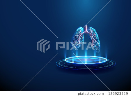 Lungs on futuristic podium. Pulmonary diagnostics, respiratory analysis and biotechnology concept. 126923329