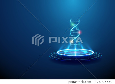 DNA with colored markers on futuristic podium Biomarkers, genetic research, precision medicine, biotechnology concept. 126923330