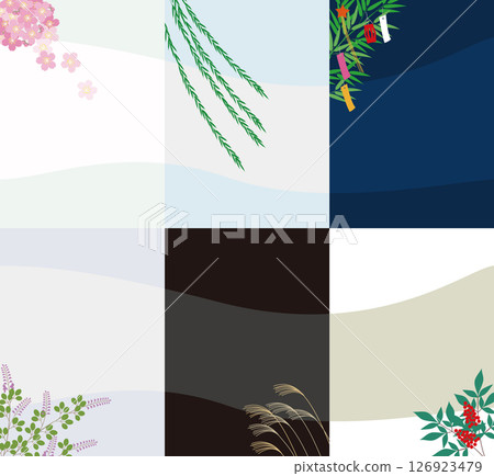 Spring cherry blossoms, summer willows and Tanabata decorations, autumn Japanese pampas grass and bush clover flowers, and New Year's nandina. Japanese-style four seasons background material. 126923479