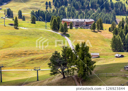 Alpe di Siusi Seiser Alm panoramic view Alpe di Siusi Seiser Alm panoramic view 126923844