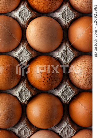 Close-up of a carton containing one dozen fresh organic brown grade a chicken eggs 126923963