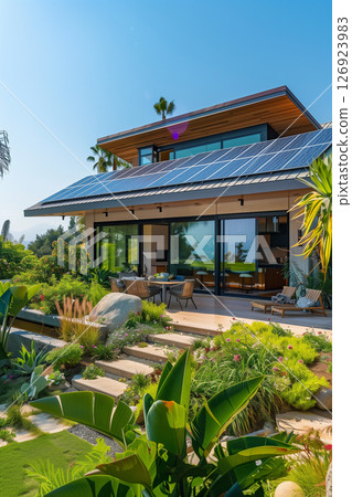 Stunning modern home embracing sustainability with solar panels and lush garden Stunning modern home embracing sustainability with solar panels and lush garden 126923983