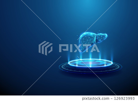 Liver on futuristic podium. Hepatic diagnostics, medical imaging, liver analysis, biotechnology concept. 126923993