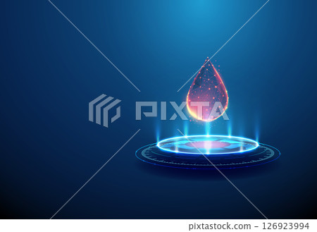 Blood drop on blue futuristic podium. Blood diagnostics, laboratory testing, disease biomarkers, medical technology concept. 126923994