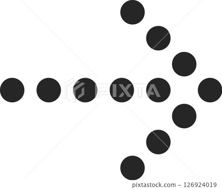 Minimalist dotted arrow pointing to the right made of black circles is suggesting a direction, progress, or movement on a clean white background 126924019