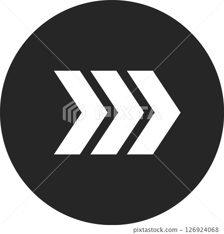 Minimalist design featuring three white arrows pointing right on a dark gray circular background, symbolizing forward movement, progress, and direction Minimalist design featuring three white arrows pointing right on a dark gray circular background, symbolizing forward movement, progress, and direction 126924068
