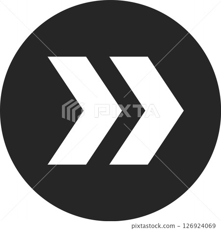 Double white arrows pointing right, featuring a simple forward icon within a black circle, offering a sleek design ideal for apps, websites, and presentations 126924069