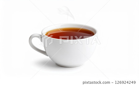 Steaming cup of black tea in white ceramic cup on white background 126924249