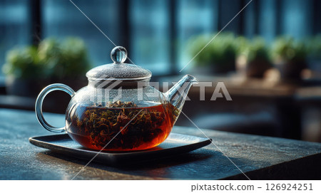 Glass teapot filled with brewed black tea sits on square plate, bathed in soft natural light from window 126924251