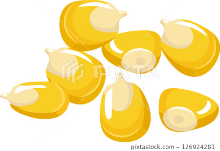 Fresh corn kernels falling and rotating against a crisp white background, creating a vibrant and dynamic visual representation of a staple agricultural product essential for healthy diets 126924281