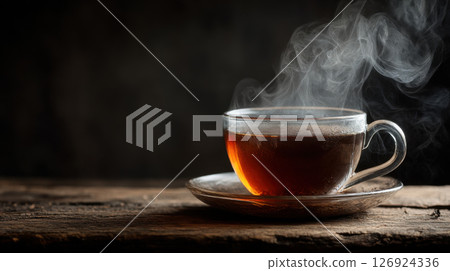 Steaming cup of black tea on rustic wooden table 126924336