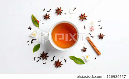 Cup of spiced tea surrounded by star anise, cinnamon, cloves, and green leaves on white background 126924357