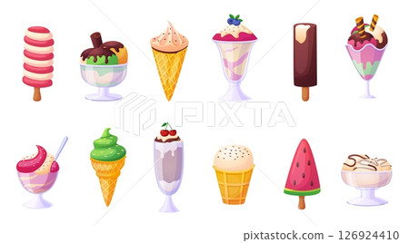 Ice cream dessert. Sweet creamy food in waffle cones and glass bowls with different toppings, berries, sweets. Summer delicious popsicles, nowaday vector clipart Ice cream dessert. Sweet creamy food in waffle cones and glass bowls with different toppings, berries, sweets. Summer delicious popsicles, nowaday vector clipart 126924410