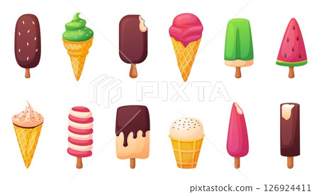 Cartoon ice cream. Waffle cones and popsicles, creamy and fruits summer delicious dessert. Sweet tasty food with chocolate, nowaday vector set Cartoon ice cream. Waffle cones and popsicles, creamy and fruits summer delicious dessert. Sweet tasty food with chocolate, nowaday vector set 126924411