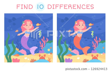 Mermaid find differences game. Underwater location with cute little mermaid, plants and fish. Development game for children, racy vector template 126924413
