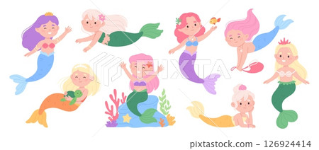 Cute mermaid characters. Little mermaids, funny tiny girls with fish tails. Playful underwater girl, children mascots, racy vector clipart 126924414