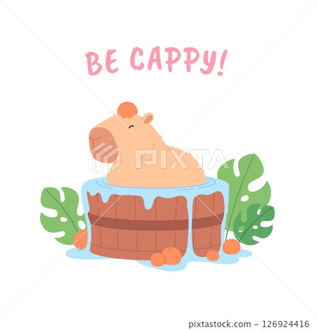 Funny capybara t-shirt print. Isolated capybara with oranges sitting in water. Happy wild exotic animal, cute rodent character. Postcard racy vector design Funny capybara t-shirt print. Isolated capybara with oranges sitting in water. Happy wild exotic animal, cute rodent character. Postcard racy vector design 126924416