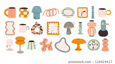 Dopamine decor set. A colorful set of fun and modern home decor mugs, vases, mirrors, lamps, clocks, and playful shapes. The style is soft, round, and cute with happy colors and bold lines. Dopamine decor set. A colorful set of fun and modern home decor mugs, vases, mirrors, lamps, clocks, and playful shapes. The style is soft, round, and cute with happy colors and bold lines. 126924417