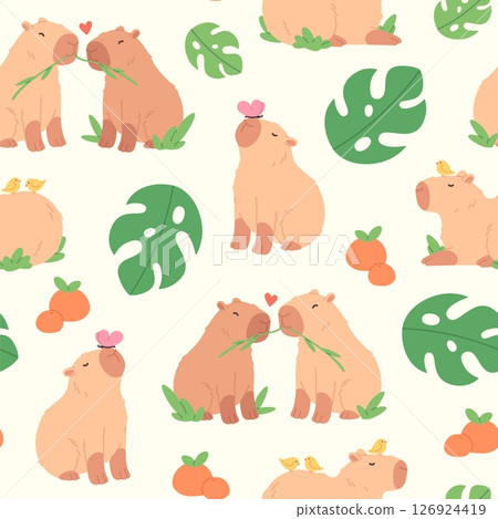 Cartoon capybara seamless pattern. Decorative template with funny animals, childish mascots. Fabric wallpaper wrapping print, racy vector design Cartoon capybara seamless pattern. Decorative template with funny animals, childish mascots. Fabric wallpaper wrapping print, racy vector design 126924419