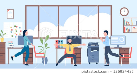 Office sport training on workplace. Managers doing exercises on workplace, warm-up for back, leg, and neck pain. Sedentary lifestyle prevention, recent vector scene Office sport training on workplace. Managers doing exercises on workplace, warm-up for back, leg, and neck pain. Sedentary lifestyle prevention, recent vector scene 126924455