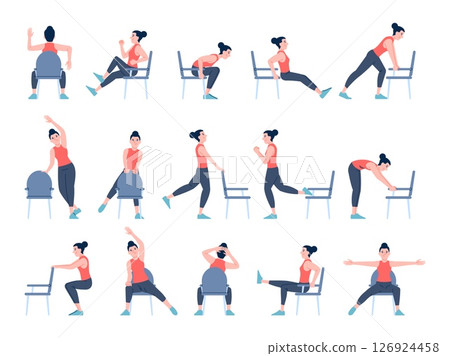 Chair exercises. Woman character shows yoga pilates stretching workout for office workers and sedentary lifestyle people. Simple fitness recent vector set 126924458