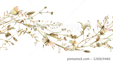 Hand-painted seamless floral border with wildflowers, herbs, and butterflies. Watercolor botanical design for invitations, packaging, stationery, and rustic romantic decorative projects. Hand-painted seamless floral border with wildflowers, herbs, and butterflies. Watercolor botanical design for invitations, packaging, stationery, and rustic romantic decorative projects. 126924460