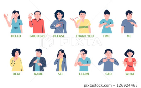 Sign language. Deaf mute people symbols for communication. Male female demonstration phrases hello good bye thank you, social messages, recent vector set 126924465