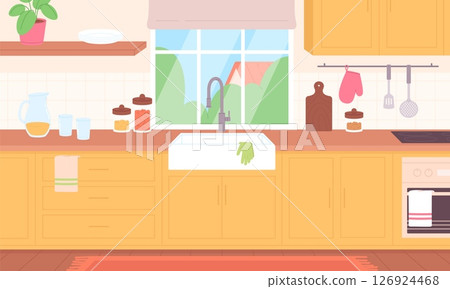 Kitchen interior. Clean kitchen with utensils, crockery and household appliances. Home design, cooking zone with oven stove sink, vector illustration Kitchen interior. Clean kitchen with utensils, crockery and household appliances. Home design, cooking zone with oven stove sink, vector illustration 126924468