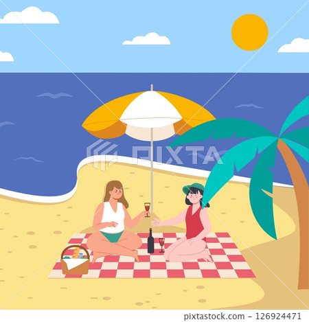 Girls on beach picnic. Friends sitting on plaid and drinking wine on beachside. Summer leisure, vacation or rest. Sea travel vector illustration 126924471